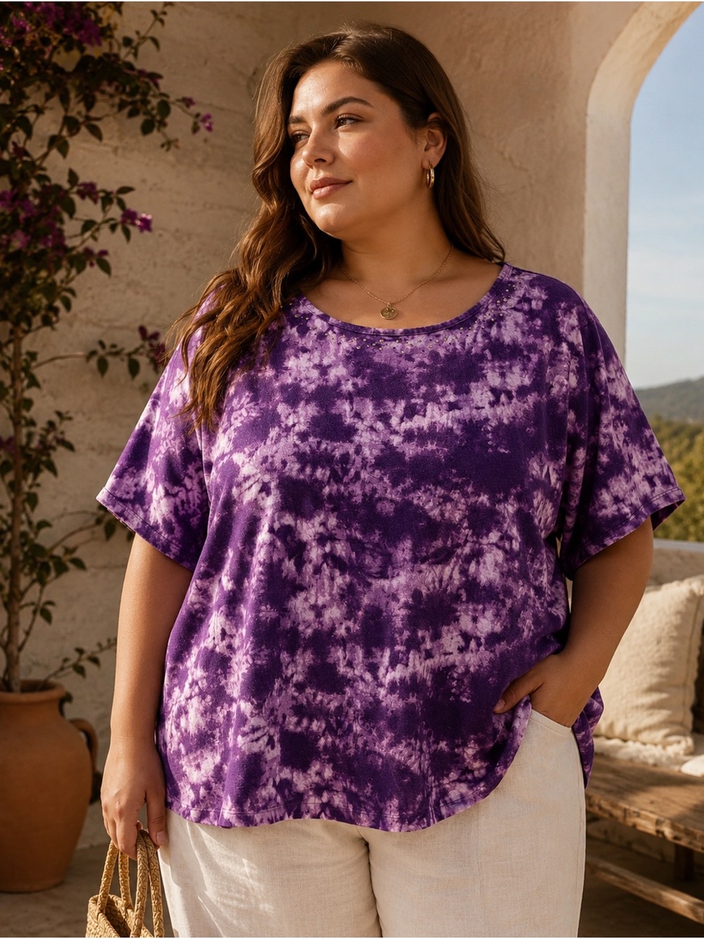 830. Plus Size Purple Tie-Dye Short Sleeve Top